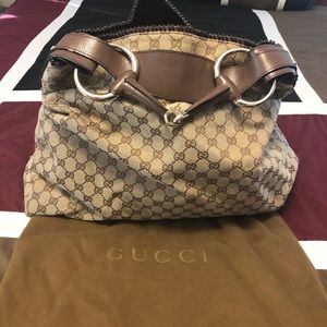 Gucci Logo Brown Canvas/ Leather Horsebit Hobo Bag